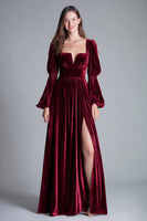 Load image into Gallery viewer, Burgundy Velvet A-Line Puff Sleeves Long Holiday Party Dress with Slit