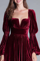 Load image into Gallery viewer, Burgundy Velvet A-Line Puff Sleeves Long Holiday Party Dress with Slit