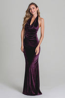 Load image into Gallery viewer, Plum Halter Mermaid Velvet Ruched Long Holiday Party Dress