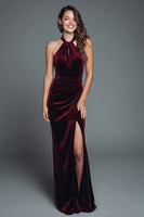 Load image into Gallery viewer, Burgundy Halter Velvet Mermaid Long Holiday Party Dress with Slit
