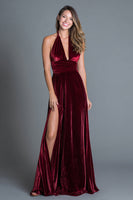 Load image into Gallery viewer, Burgundy Halter Velvet A-Line Long Holiday Party Dress with Slit