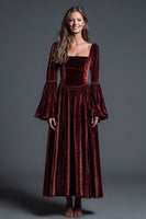Load image into Gallery viewer, Burgundy Velvet A-Line Long Sleeves Ankle Length Holiday Party Dress