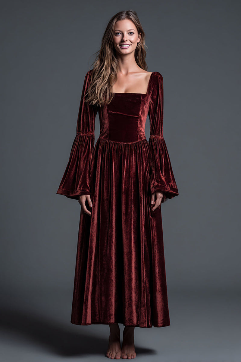 Load image into Gallery viewer, Burgundy Velvet A-Line Long Sleeves Ankle Length Holiday Party Dress
