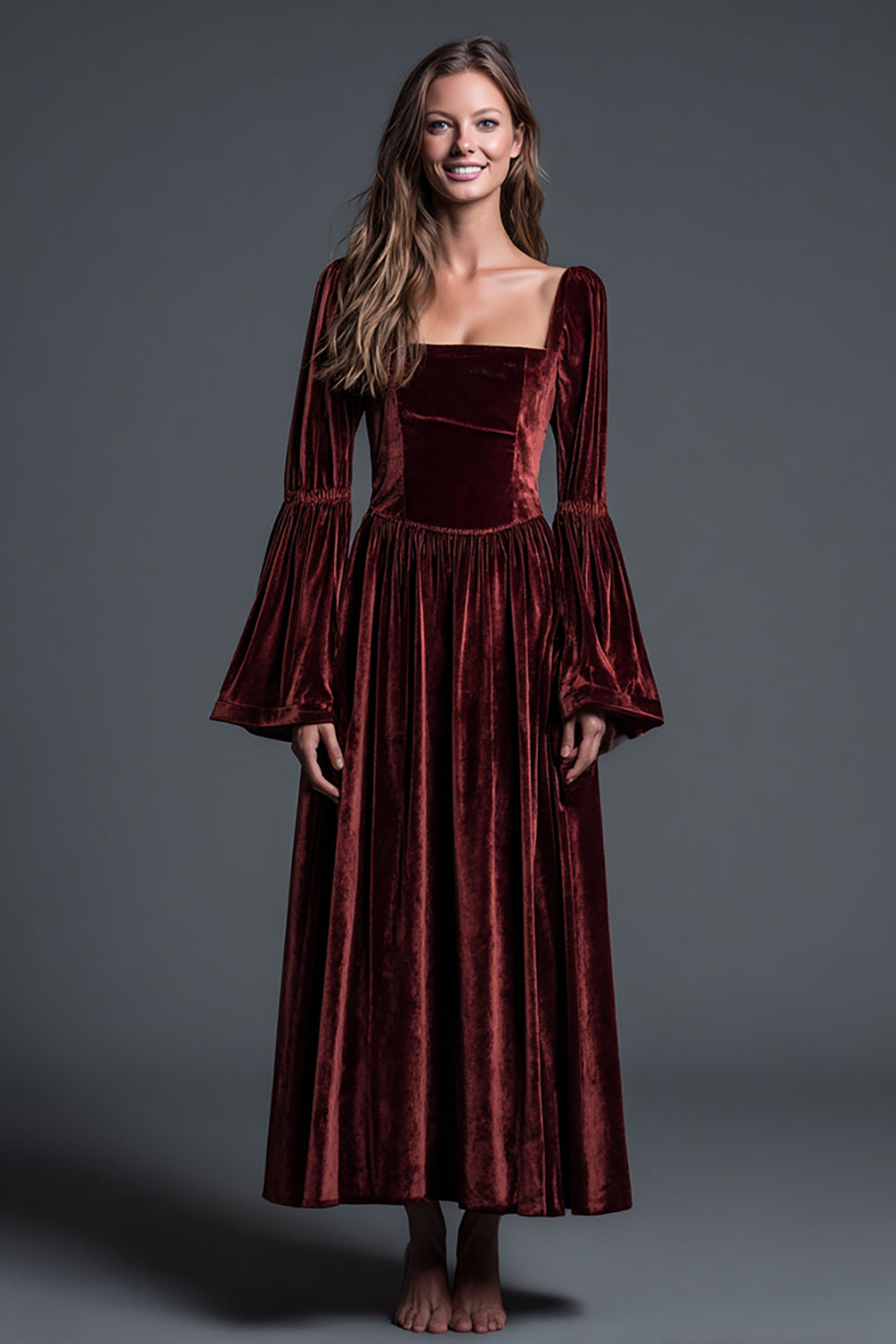 Burgundy Velvet A-Line Long Sleeves Ankle Length Holiday Party Dress