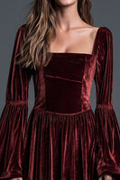 Load image into Gallery viewer, Burgundy Velvet A-Line Long Sleeves Ankle Length Holiday Party Dress
