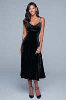 Load image into Gallery viewer, Black Spaghetti Straps Velvet A-Line Tea Length Holiday Party Dress