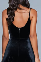 Load image into Gallery viewer, Black Spaghetti Straps Velvet A-Line Tea Length Holiday Party Dress