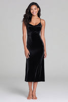 Load image into Gallery viewer, Black Spaghetti Straps Velvet Sheath Tea Length Holiday Party Dress