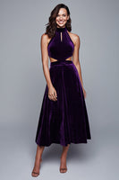 Load image into Gallery viewer, Plum Halter Velvet Cut-Out A-Line Tea Length Holiday Party Dress