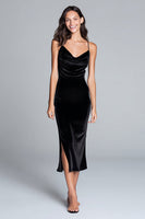 Load image into Gallery viewer, Black Spaghetti Straps Velvet Tea Length Holiday Party Dress with Slit