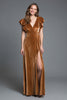 Load image into Gallery viewer, Brown V-Neck Sheath Velvet Long Holiday Party Dress with Slit