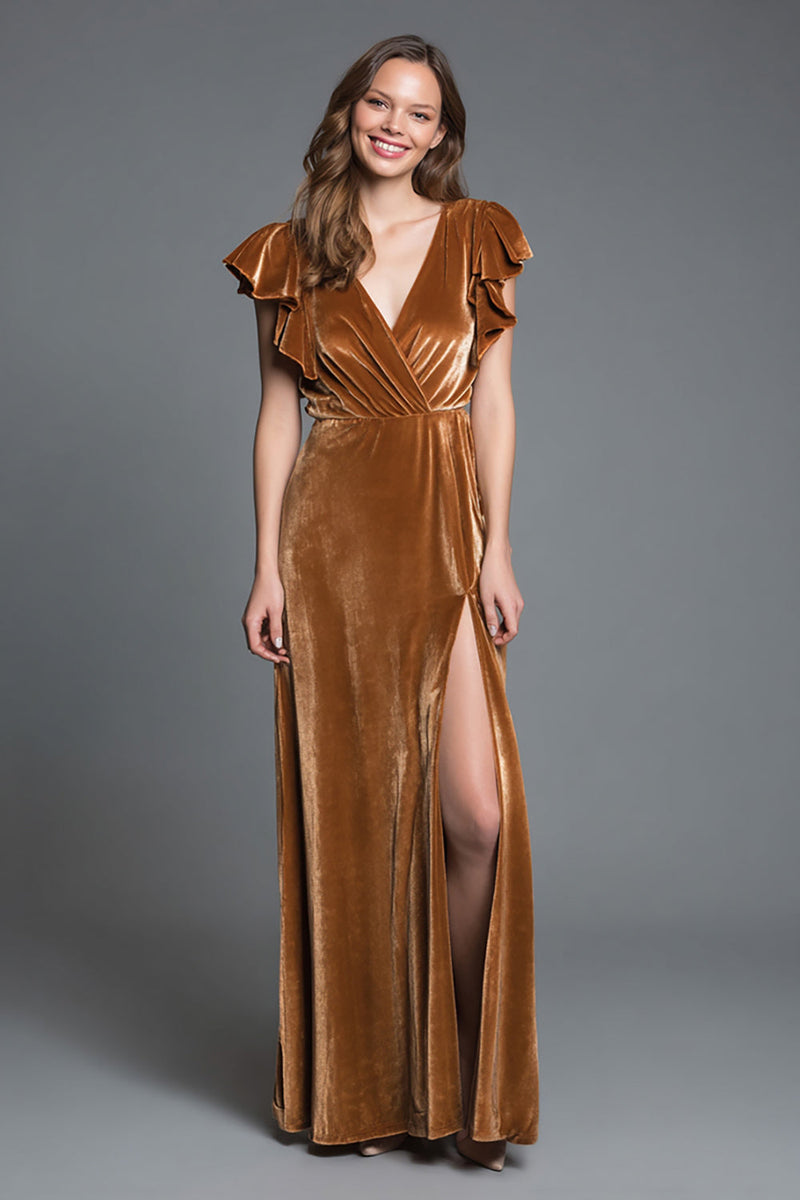 Load image into Gallery viewer, Brown V-Neck Sheath Velvet Long Holiday Party Dress with Slit