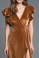 Load image into Gallery viewer, Brown V-Neck Sheath Velvet Long Holiday Party Dress with Slit