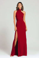 Load image into Gallery viewer, Burgundy Halter Sheath Long Formal Dress with Slit