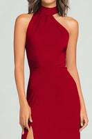 Load image into Gallery viewer, Burgundy Halter Sheath Long Formal Dress with Slit