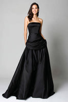 Load image into Gallery viewer, Black Strapless A-Line Satin Ruched Long Formal Dress