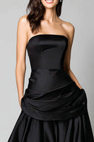 Load image into Gallery viewer, Black Strapless A-Line Satin Ruched Long Formal Dress