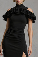 Load image into Gallery viewer, Black High Neck Satin Mermaid Long Formal Dress with Ruffles