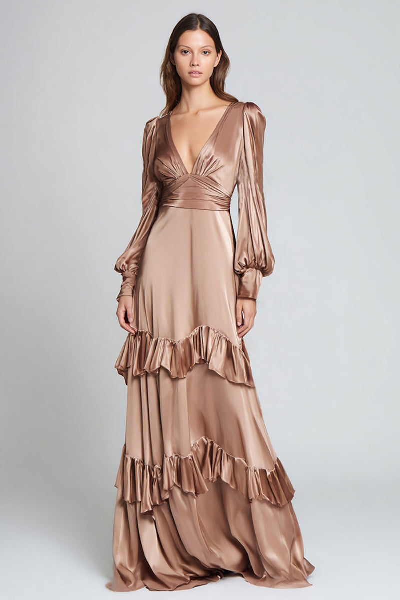 Load image into Gallery viewer, Light Brown V-Neck Satin Ruffled A-Line Long Formal Dress with Sleeves