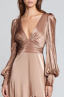 Load image into Gallery viewer, Light Brown V-Neck Satin Ruffled A-Line Long Formal Dress with Sleeves