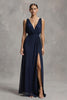 Load image into Gallery viewer, Navy Deep V-Neck Chiffon Sheath Long Formal Dress with Slit