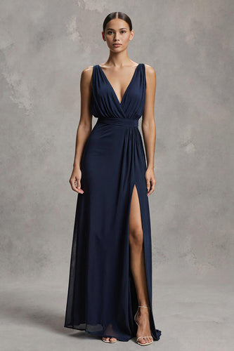 Navy Deep V-Neck Chiffon Sheath Long Formal Dress with Slit