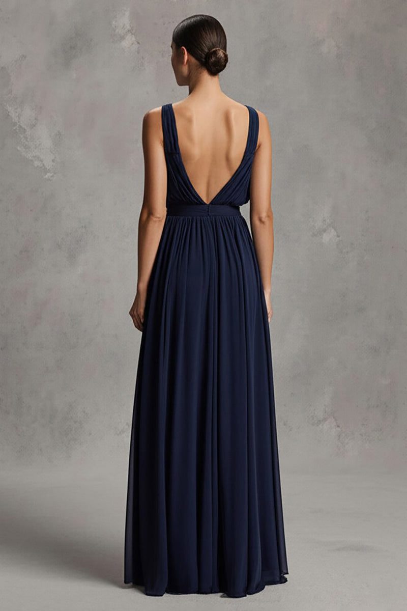Load image into Gallery viewer, Navy Deep V-Neck Chiffon Sheath Long Formal Dress with Slit