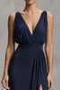 Load image into Gallery viewer, Navy Deep V-Neck Chiffon Sheath Long Formal Dress with Slit