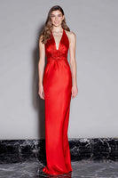 Load image into Gallery viewer, Red Halter Satin Mermaid Long Formal Dress with 3D Flower