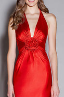 Load image into Gallery viewer, Red Halter Satin Mermaid Long Formal Dress with 3D Flower