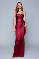 Load image into Gallery viewer, Burgundy Strapless Mermaid Satin Long Formal Dress with Bow