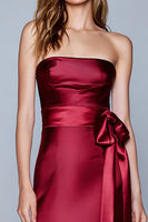 Load image into Gallery viewer, Burgundy Strapless Mermaid Satin Long Formal Dress with Bow