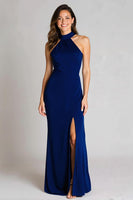 Load image into Gallery viewer, Navy Halter Satin Mermaid Backless Long Formal Dress with Slit