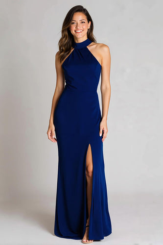 Navy Halter Satin Mermaid Backless Long Formal Dress with Slit