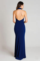 Load image into Gallery viewer, Navy Halter Satin Mermaid Backless Long Formal Dress with Slit