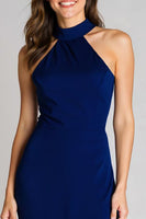 Load image into Gallery viewer, Navy Halter Satin Mermaid Backless Long Formal Dress with Slit