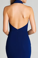 Load image into Gallery viewer, Navy Halter Satin Mermaid Backless Long Formal Dress with Slit