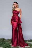 Load image into Gallery viewer, Burgundy Strapless Mermaid Satin Long Formal Dress with Side Cape