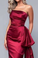 Load image into Gallery viewer, Burgundy Strapless Mermaid Satin Long Formal Dress with Side Cape