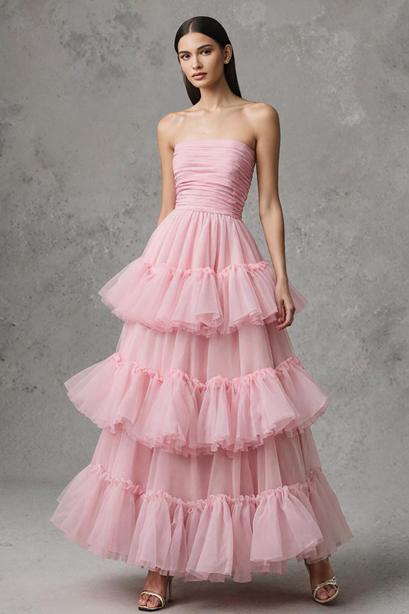 Load image into Gallery viewer, Pink Strapless A-Line Tulle Ruffled Long Pageant Dress