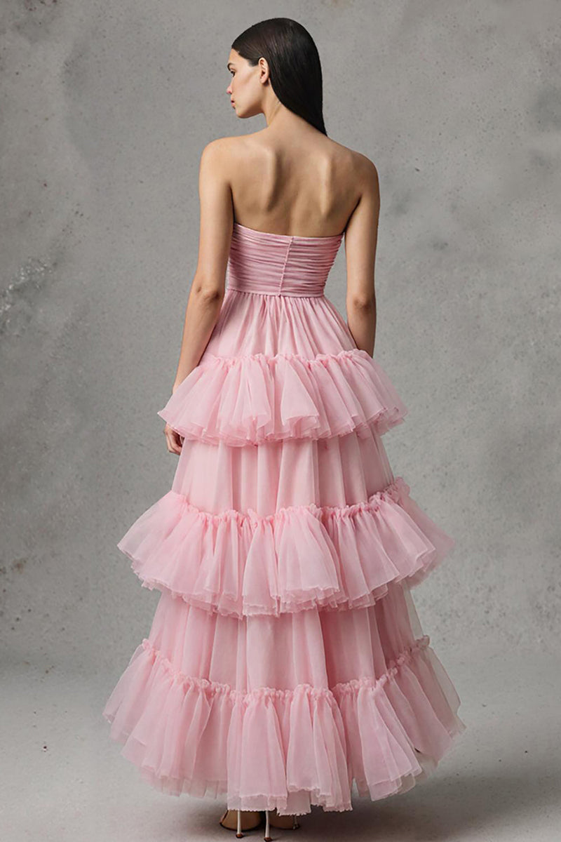Load image into Gallery viewer, Pink Strapless A-Line Tulle Ruffled Long Pageant Dress