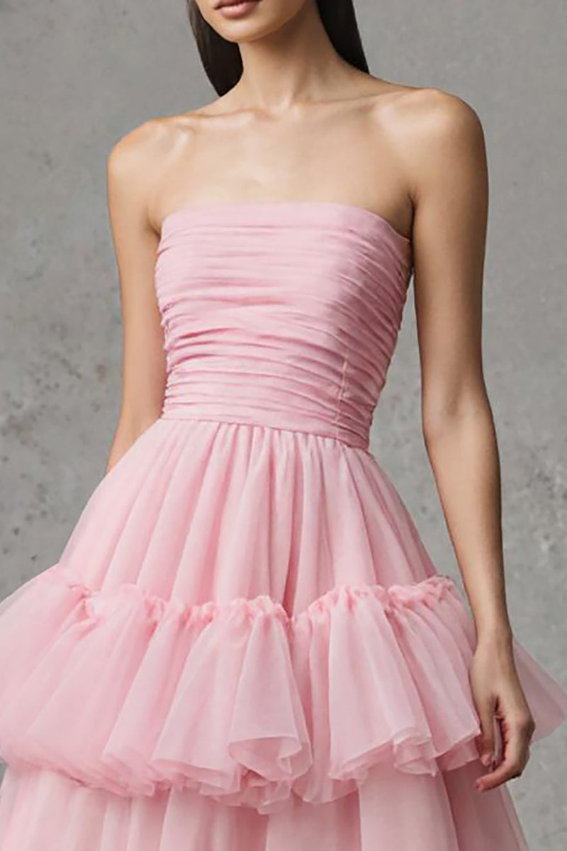 Load image into Gallery viewer, Pink Strapless A-Line Tulle Ruffled Long Pageant Dress