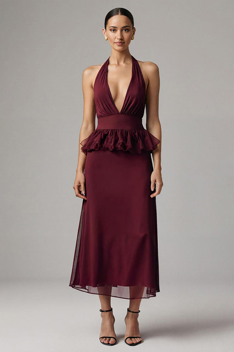 Load image into Gallery viewer, Burgundy Halter Sheath Chiffon Tea Length Formal Dress with Ruffles