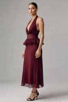 Load image into Gallery viewer, Burgundy Halter Sheath Chiffon Tea Length Formal Dress with Ruffles