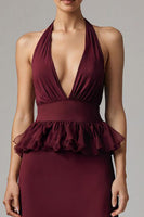 Load image into Gallery viewer, Burgundy Halter Sheath Chiffon Tea Length Formal Dress with Ruffles