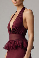 Load image into Gallery viewer, Burgundy Halter Sheath Chiffon Tea Length Formal Dress with Ruffles