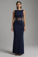 Load image into Gallery viewer, Simple Navy Boat Neck Satin Mermaid Long Formal Dress