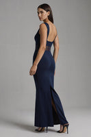 Load image into Gallery viewer, Simple Navy Boat Neck Satin Mermaid Long Formal Dress