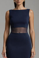 Load image into Gallery viewer, Simple Navy Boat Neck Satin Mermaid Long Formal Dress