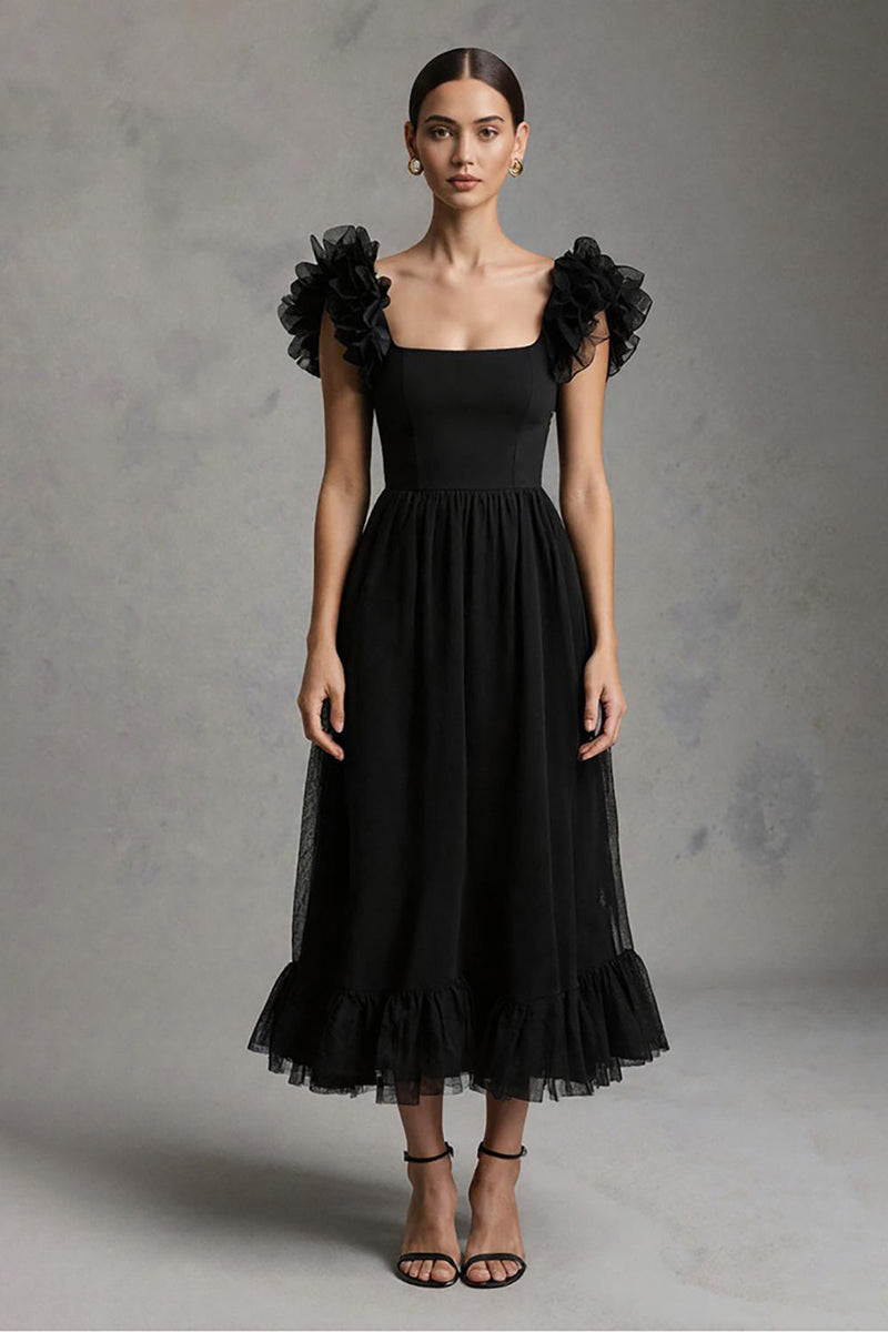 Load image into Gallery viewer, Black Square Neck A-Line Tulle Long Formal Dress with Ruffles